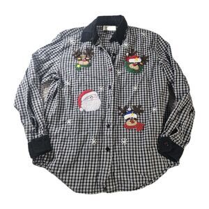 Vintage Women S Christmas Button Up Black White Plaid Reindeer Santa Embroidered